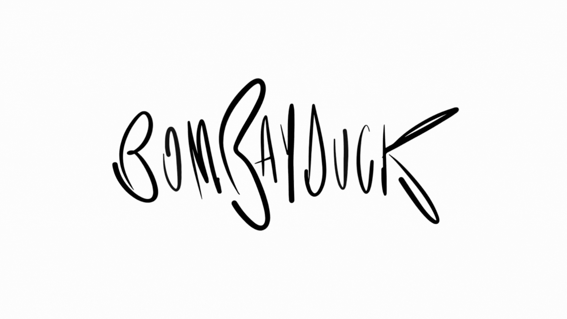 Bombay Duck logo in bold pen-and-ink letterforms in the shaoe of a fishbone with the letters "Bombay Duck" forming the head, bones, fins and tail of a consumed fishbone skeleton. It ripples as though swimming through water.